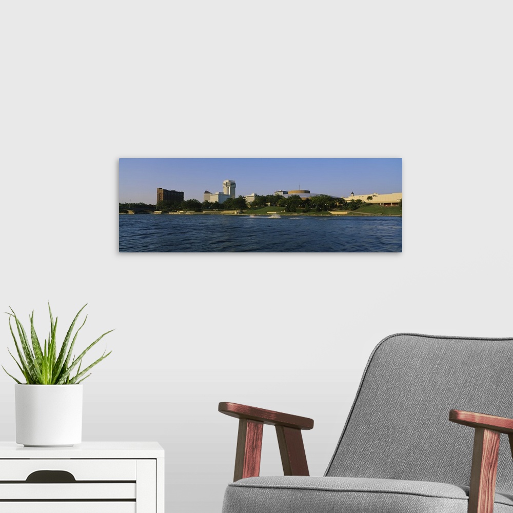A modern room featuring Buildings at the waterfront, Arkansas River, Wichita, Kansas