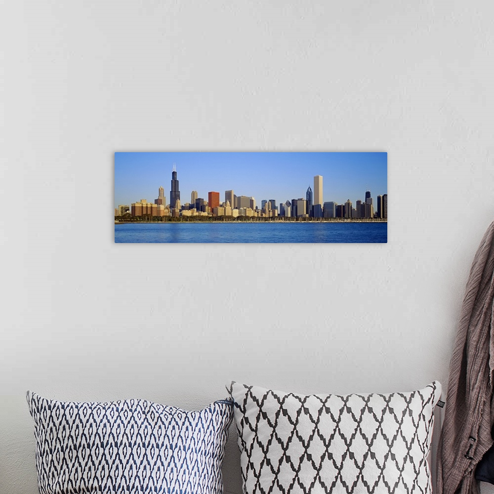 A bohemian room featuring Panoramic photo on canvas of the Chicago cityscape along the waterfront.