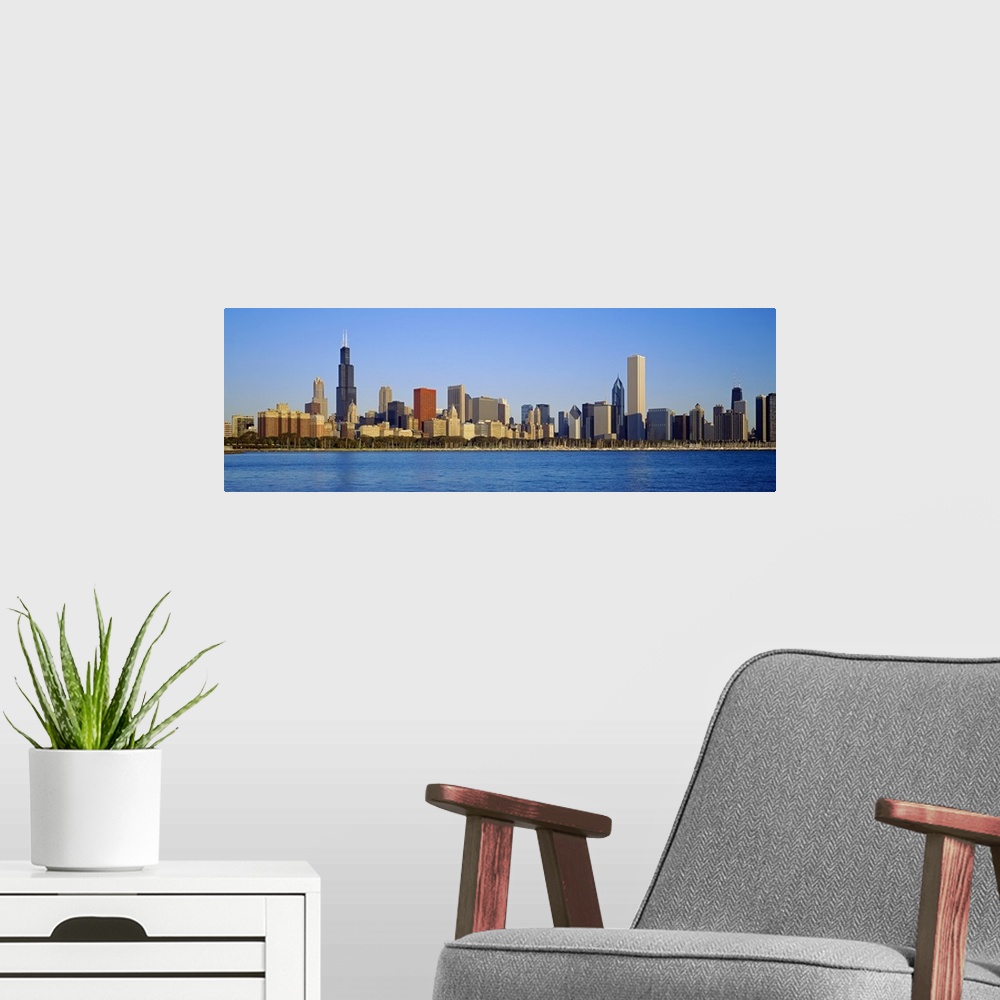 A modern room featuring Panoramic photo on canvas of the Chicago cityscape along the waterfront.