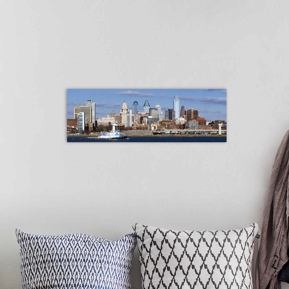 A bohemian room featuring Giant panoramic photo of the city of Philadelphia, Pennsylvania (PA). A large barge chugs along t...