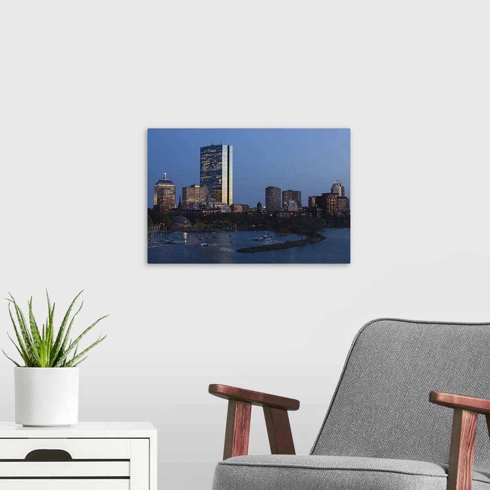 A modern room featuring USA, Massachusetts, Boston, Back Bay from Longfellow Bridge, dusk