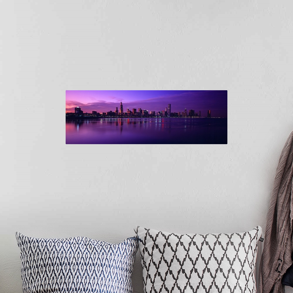 A bohemian room featuring Giant, landscape photograph of Lake Michigan beneath a vibrant sunset and the Chicago skyline on ...