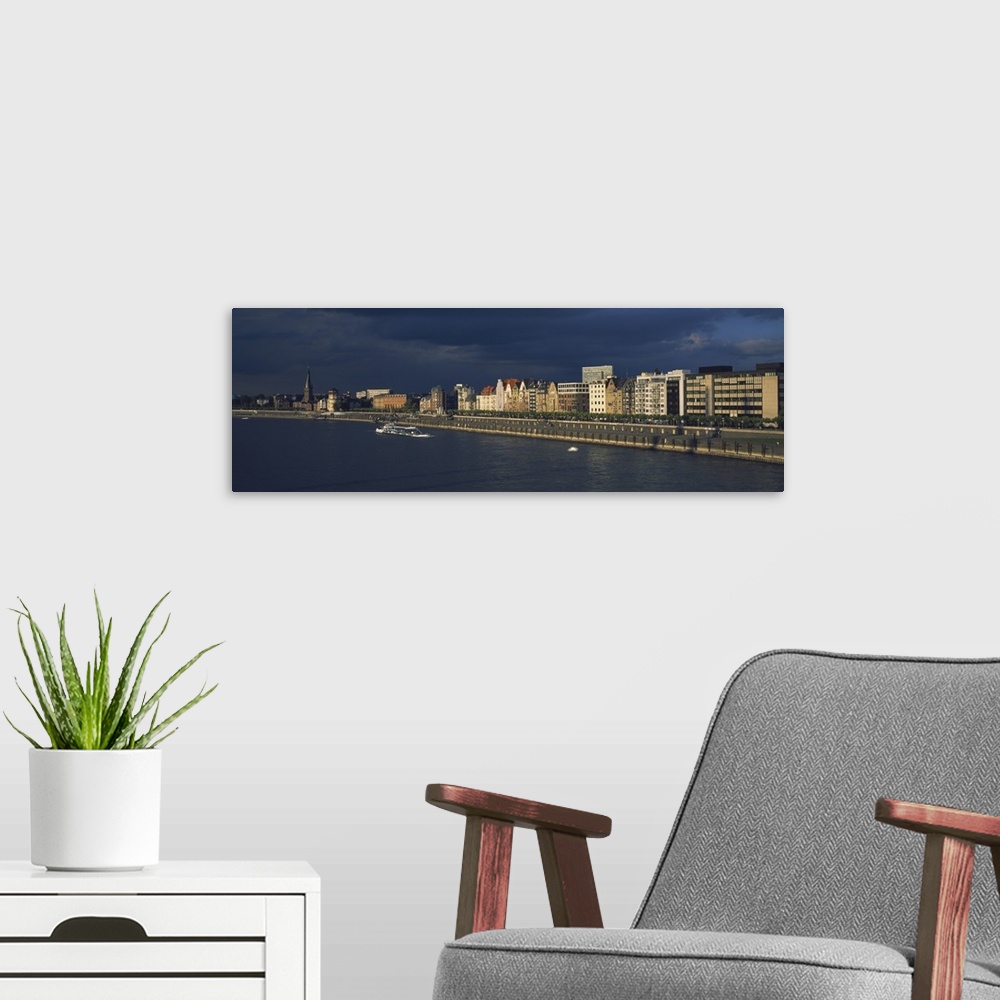 A modern room featuring Buildings at the waterfront, Rhine River, Dusseldorf, Germany