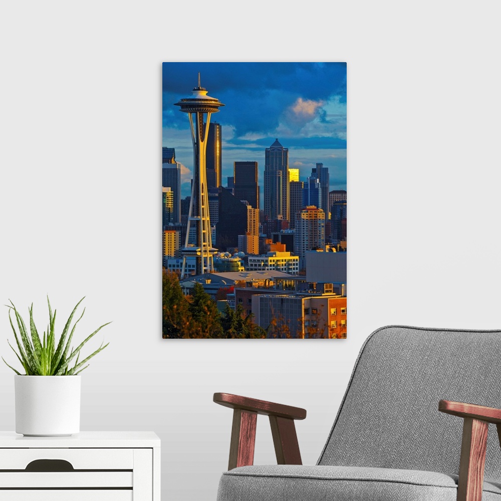 A modern room featuring Buildings in a city at sunset, Space Needle, Seattle, King County, Washington State