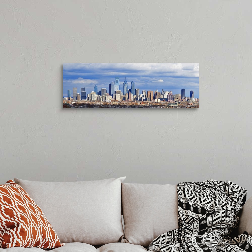A bohemian room featuring Large horizontal panoramic photograph of the Philadelphia, Pennsylvania (PA) skyline and surround...