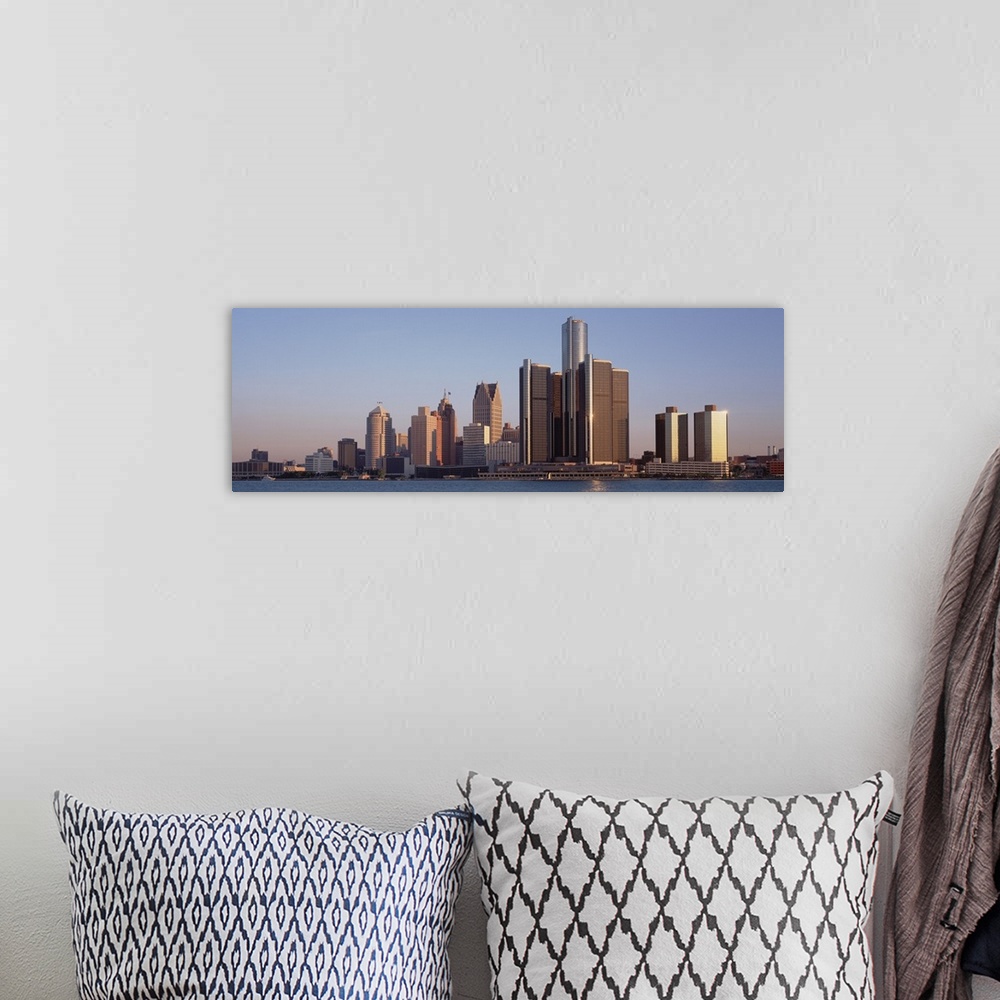 A bohemian room featuring Panoramic skyscrapers of Detroit, MI.
