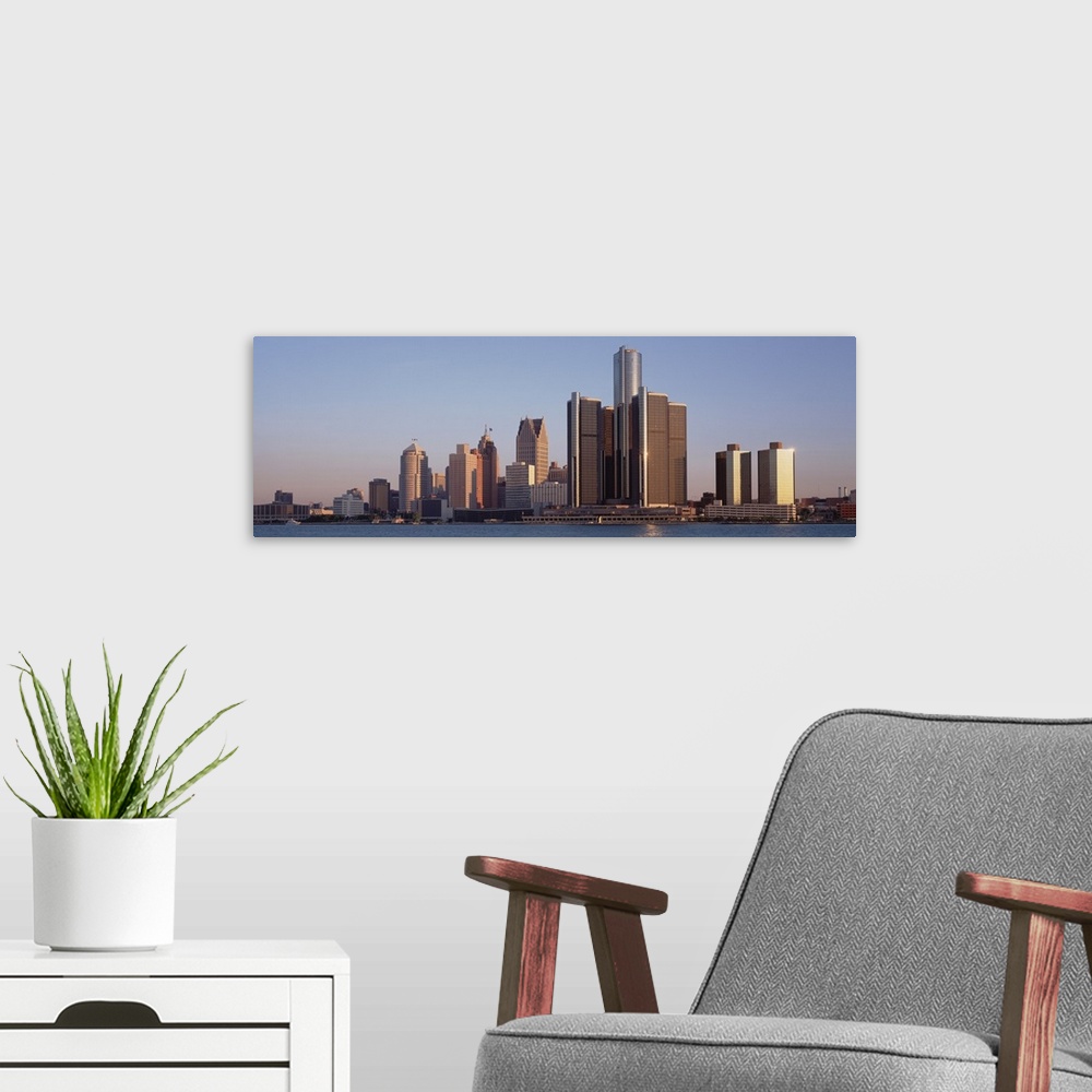 A modern room featuring Panoramic skyscrapers of Detroit, MI.