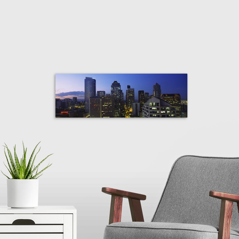 A modern room featuring Buildings in a city lit up at dawn, Seattle, Washington State