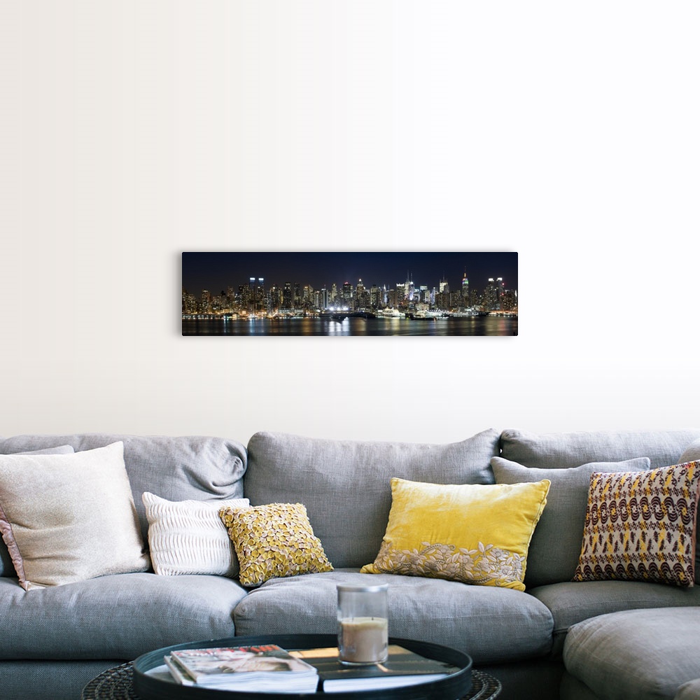 A farmhouse room featuring Panoramic photograph of city skyline at dusk with the building lights reflected in the waterfront.