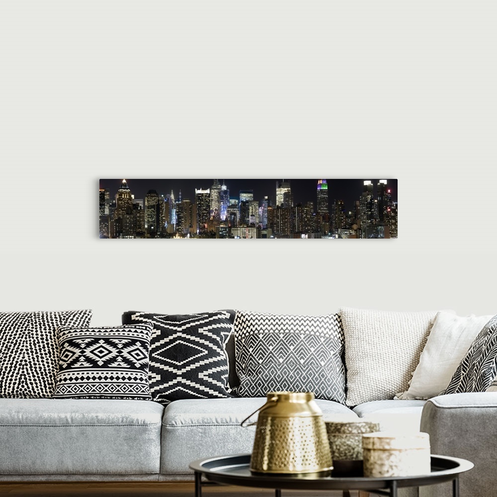 A bohemian room featuring Buildings in a city lit up at night, Midtown Manhattan, Manhattan, New York City, New York State,