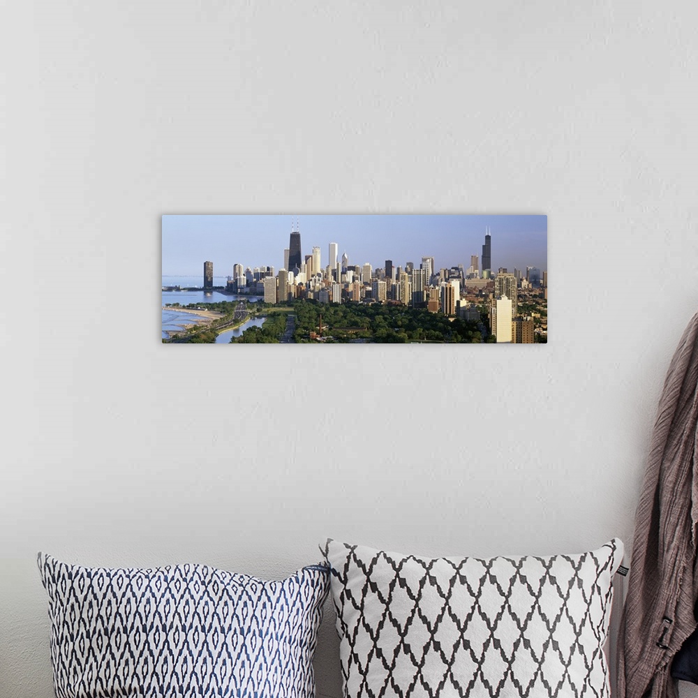 A bohemian room featuring Panoramic photograph taken from an aerial view overlooking the busiest city of a state within the...