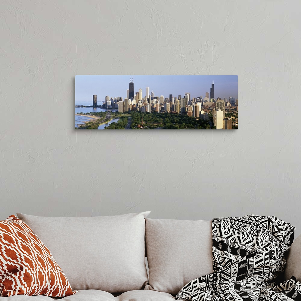 A bohemian room featuring Panoramic photograph taken from an aerial view overlooking the busiest city of a state within the...