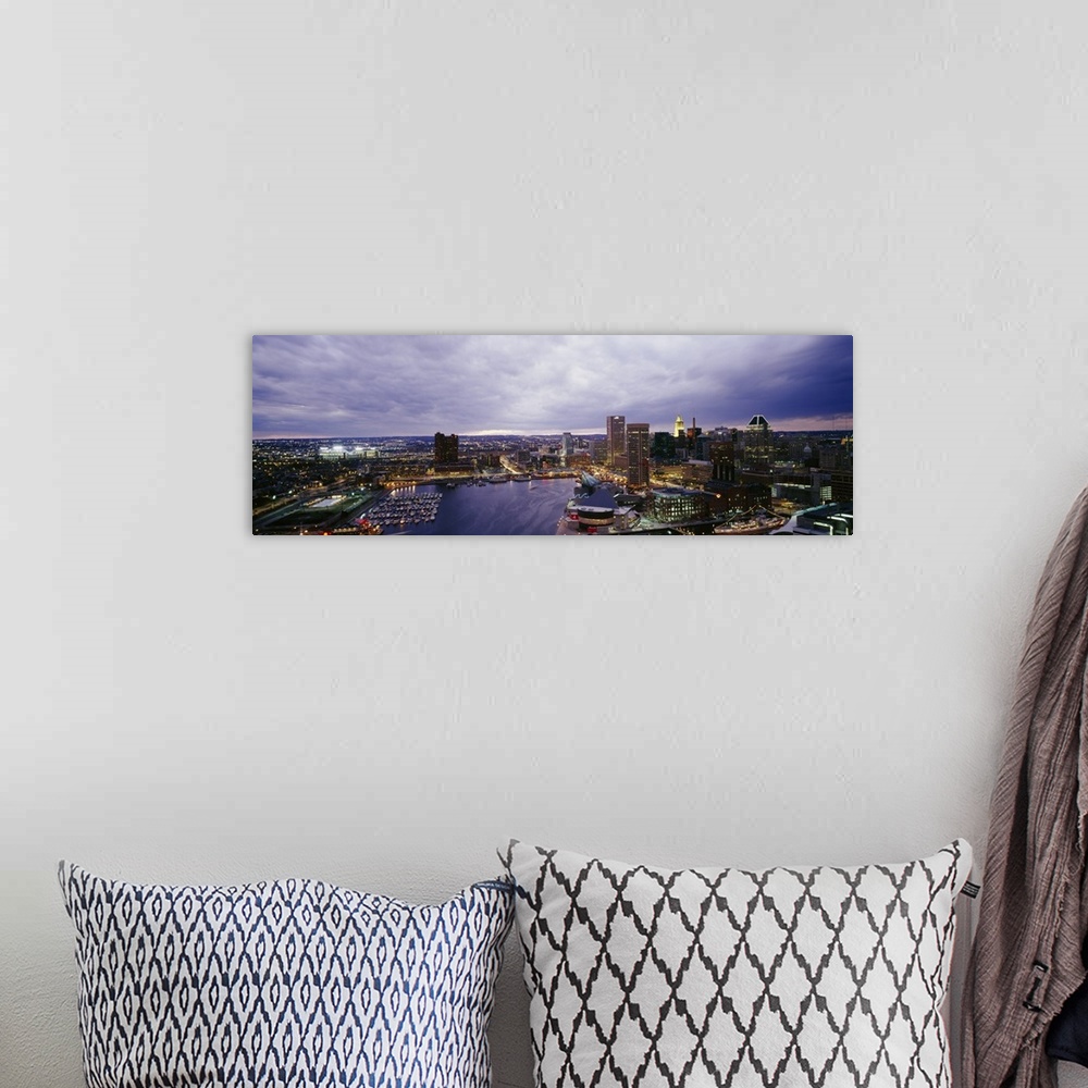 A bohemian room featuring Big panoramic photo of buildings in the downtown area of Baltimore.
