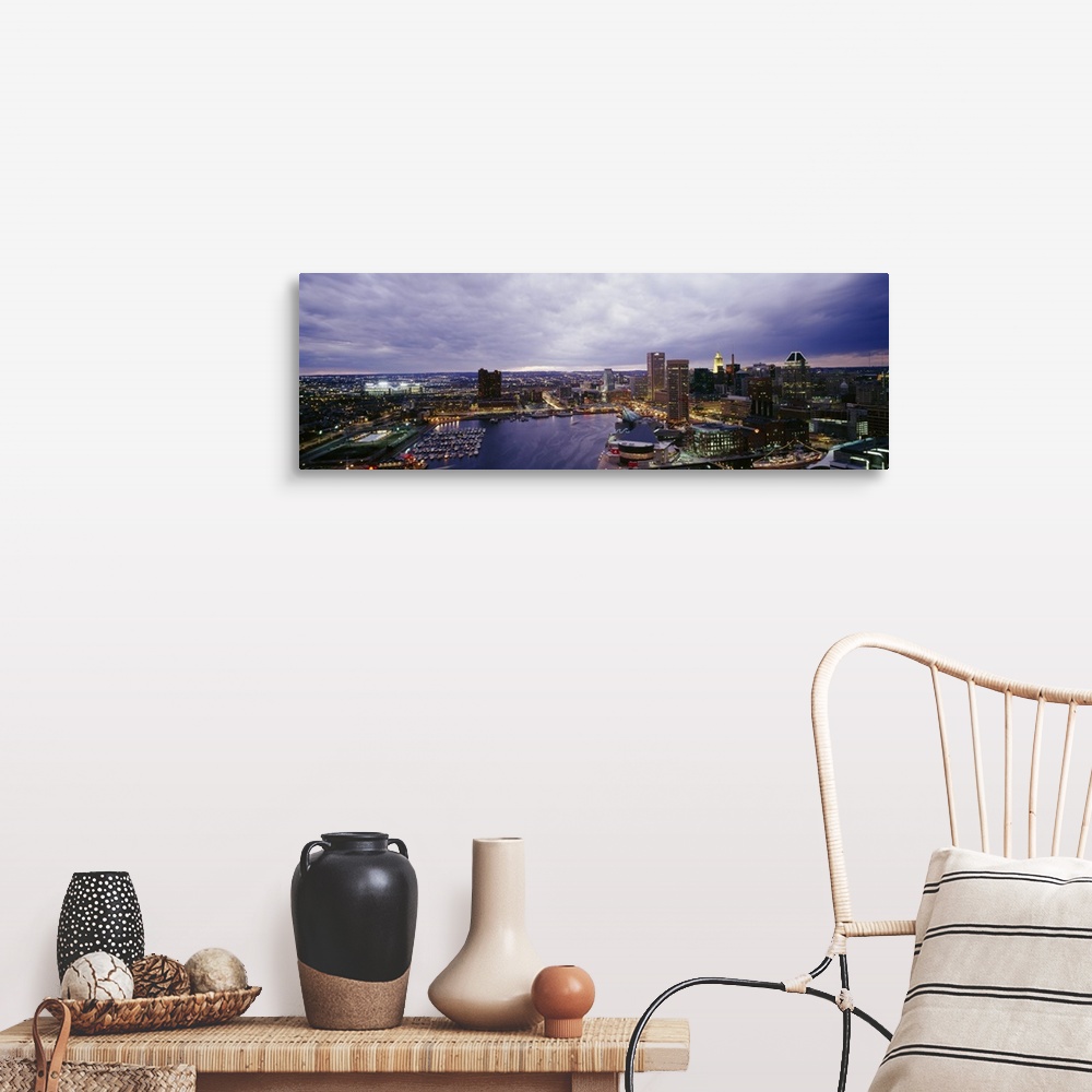 A farmhouse room featuring Big panoramic photo of buildings in the downtown area of Baltimore.