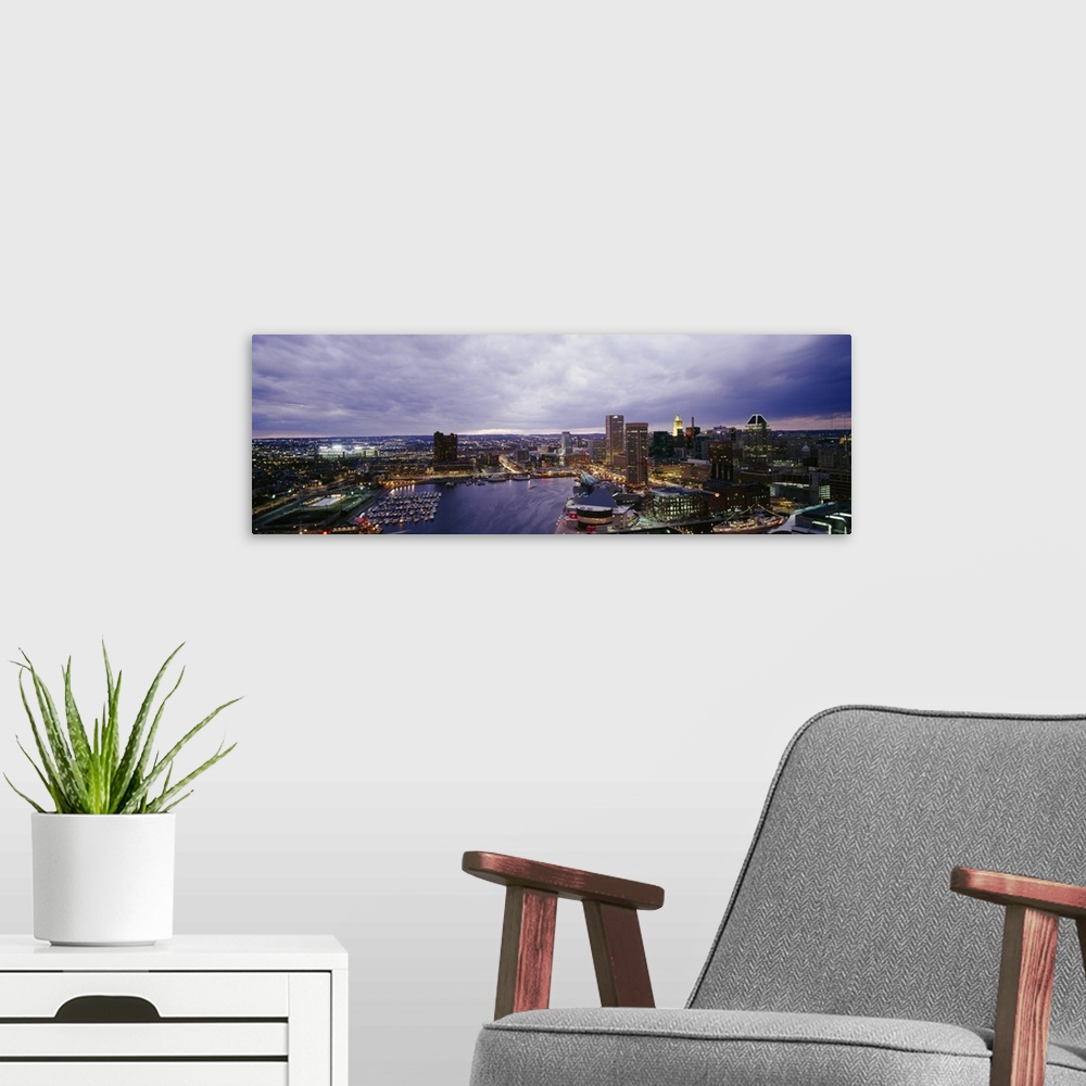 A modern room featuring Big panoramic photo of buildings in the downtown area of Baltimore.