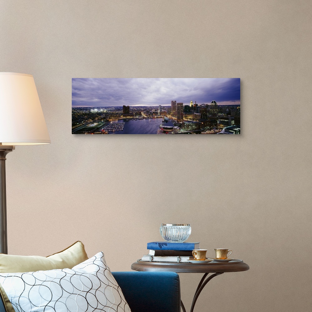 A traditional room featuring Big panoramic photo of buildings in the downtown area of Baltimore.