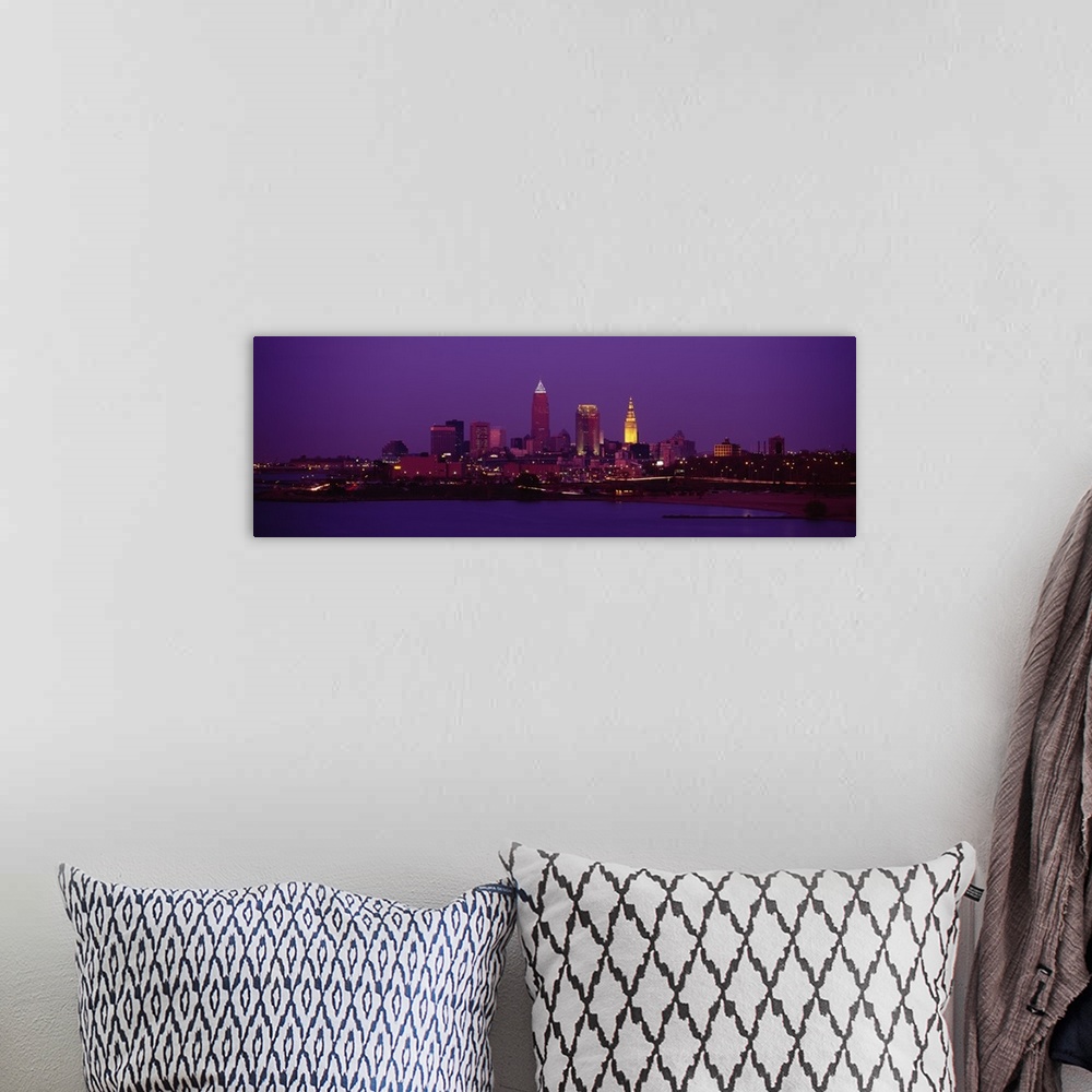 A bohemian room featuring Downtown panorama at night in Cleveland, Ohio.