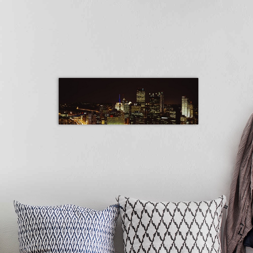 A bohemian room featuring Horizontal, big, high angle photograph of the Pittsburgh skyline, with brightly lit buildings at ...