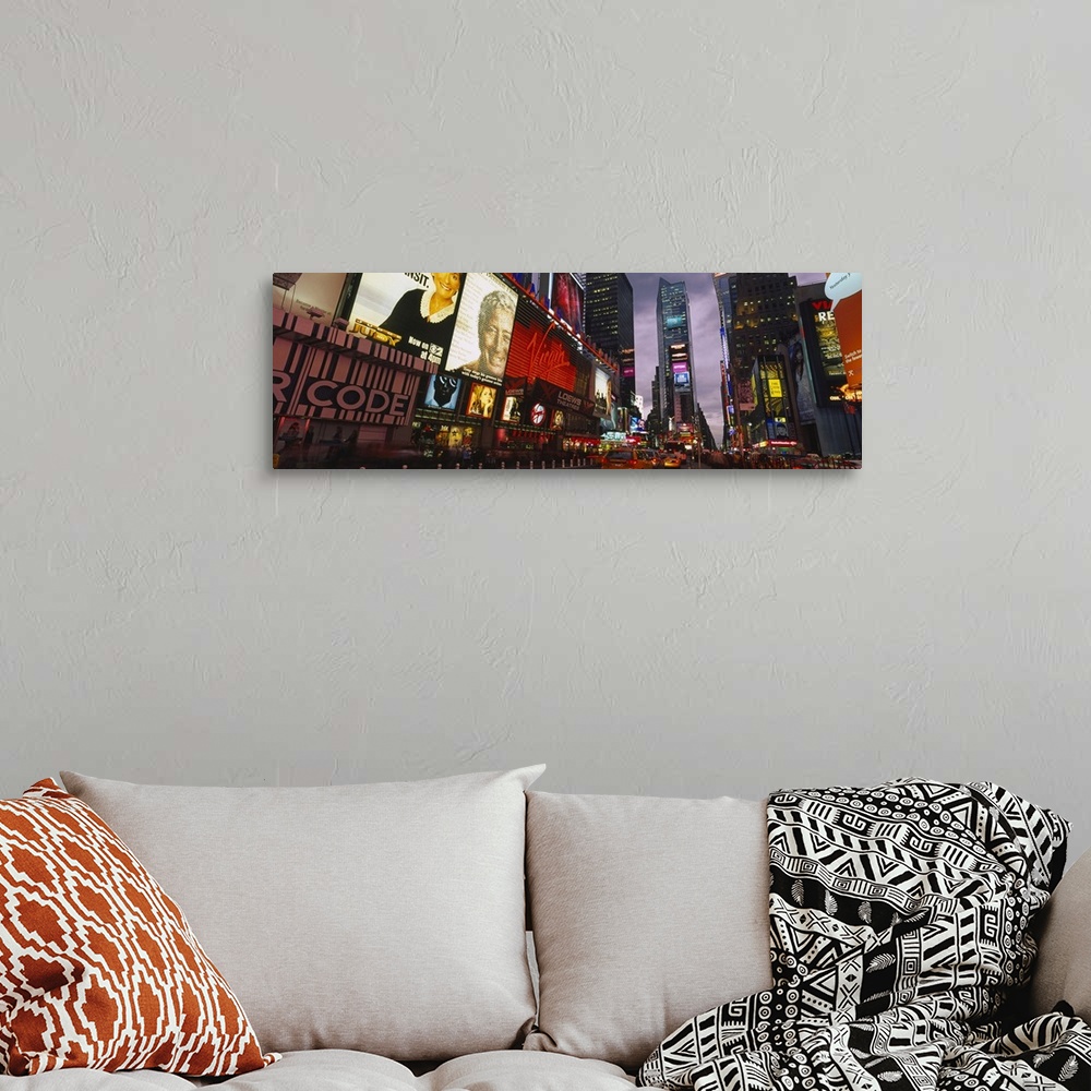 A bohemian room featuring This wall hanging for a home or office is a panoramic photograph taken at street level of the eno...