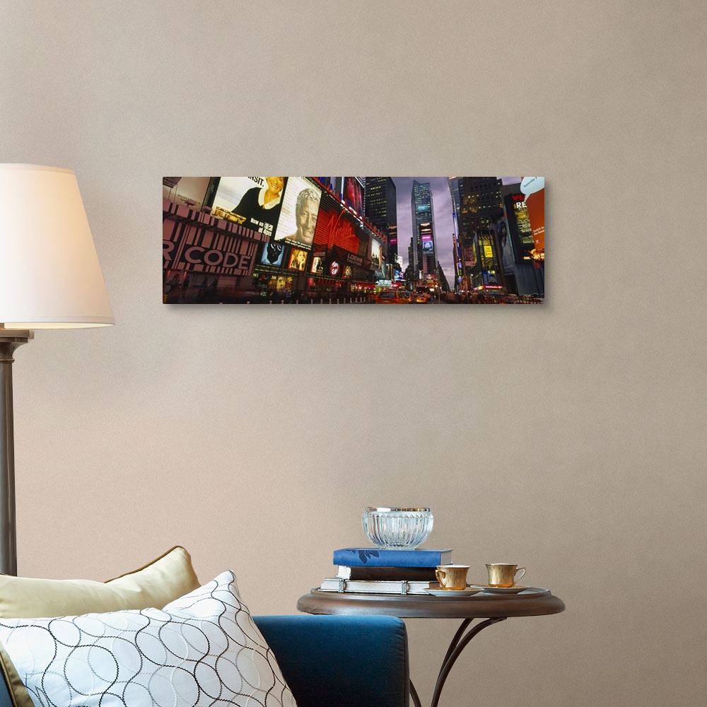 A traditional room featuring This wall hanging for a home or office is a panoramic photograph taken at street level of the eno...