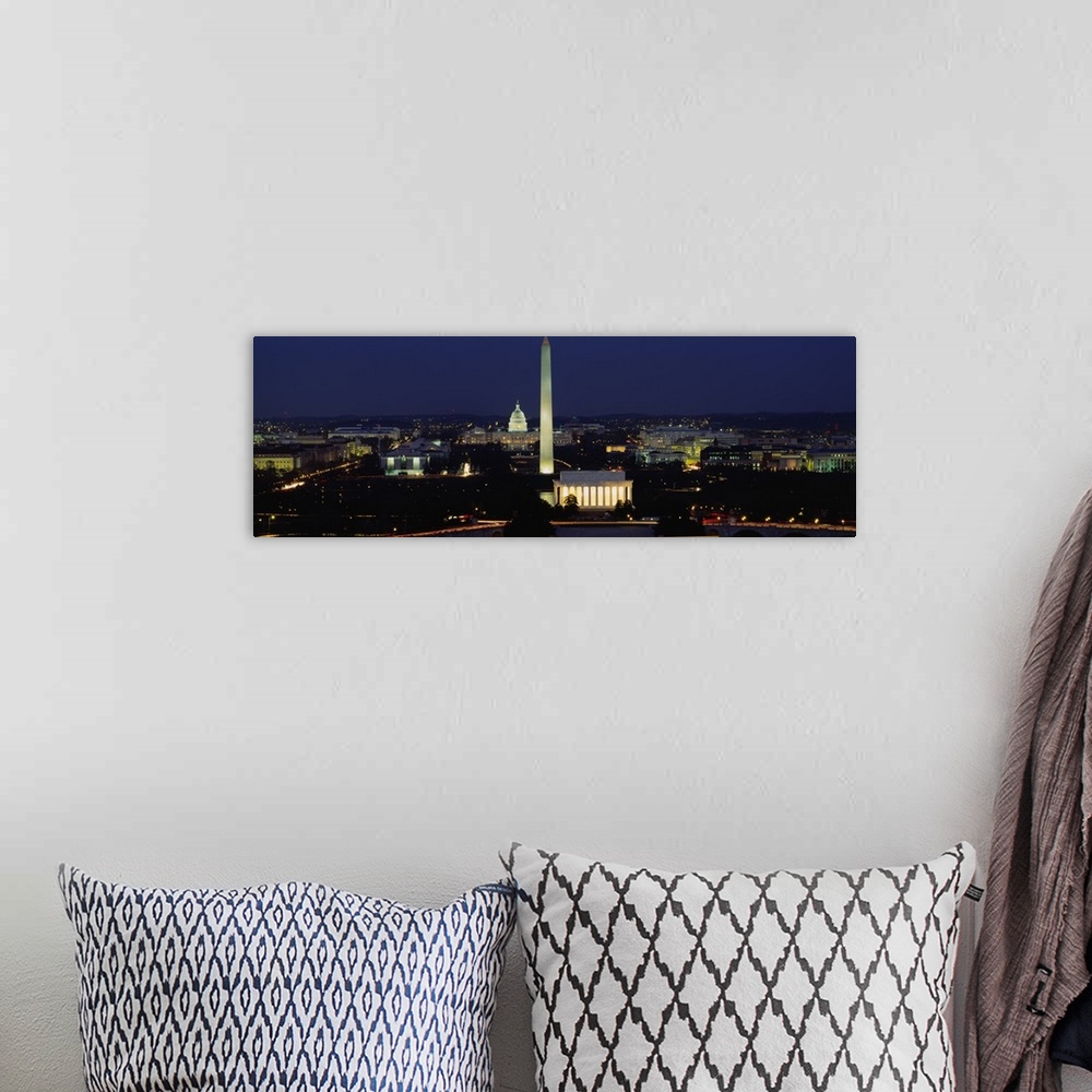 A bohemian room featuring Panoramic photograph taken from an aerial view over the lively capital city of the United States ...