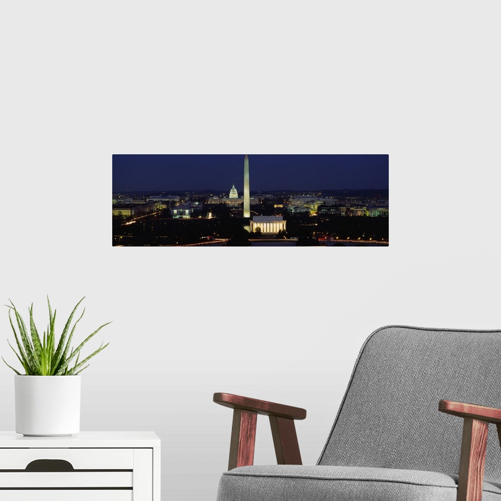 A modern room featuring Panoramic photograph taken from an aerial view over the lively capital city of the United States ...