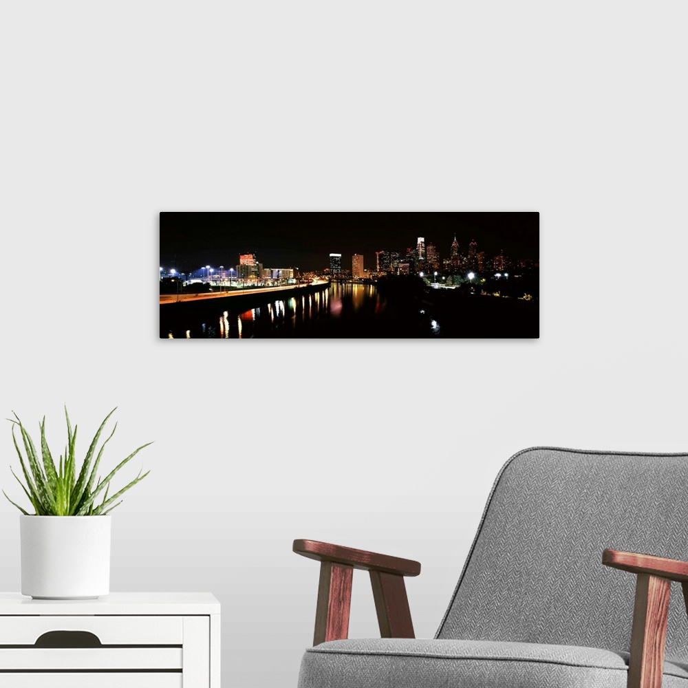 A modern room featuring Buildings lit up at the waterfront, Philadelphia, Schuylkill River, Pennsylvania IV