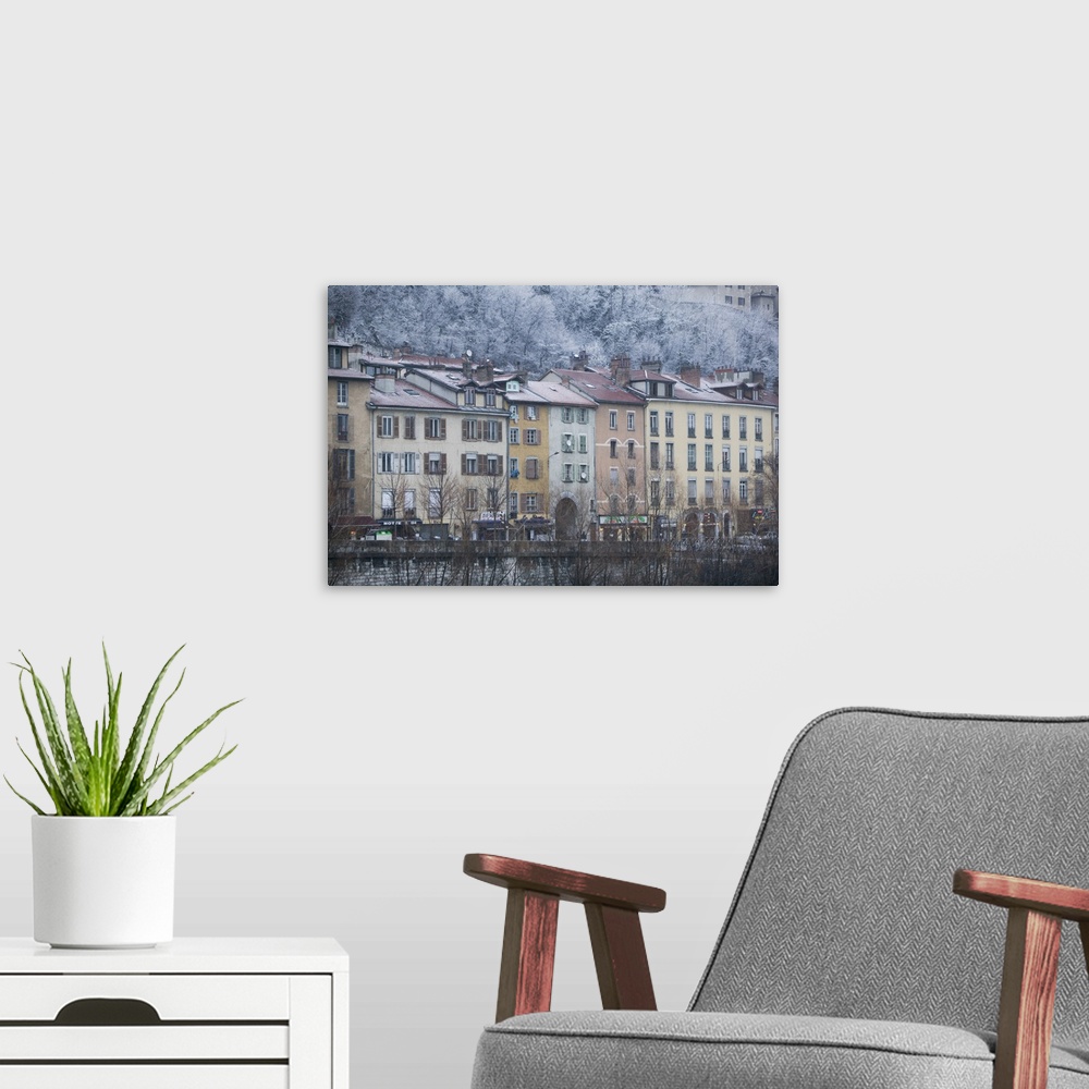 A modern room featuring Buildings on the waterfront, Isere River, Grenoble, French Alps, France