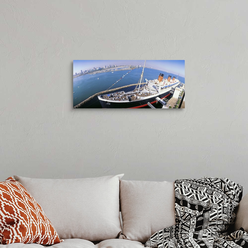 A bohemian room featuring California, Long Beach, Queen Mary, High angle view of a Ship docked at port