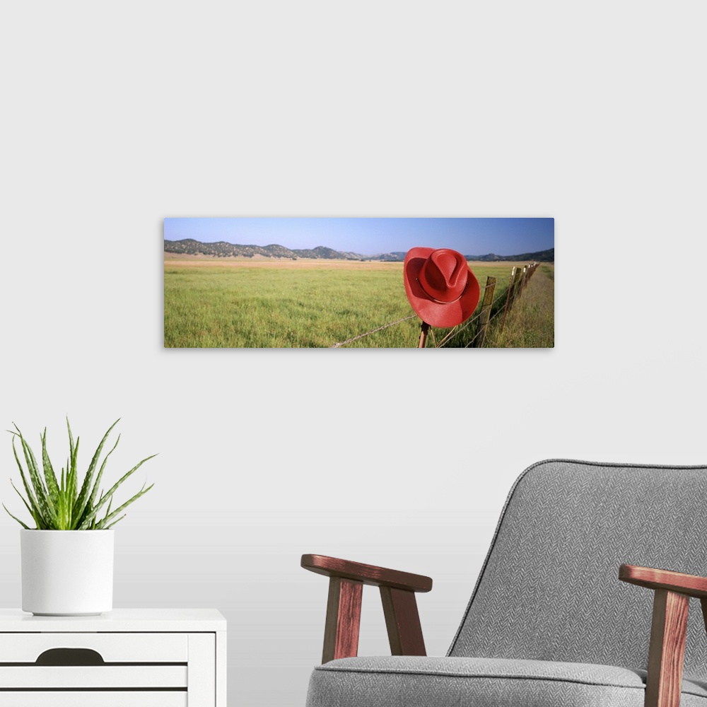 A modern room featuring California, Red cowboy hat hanging on the fence