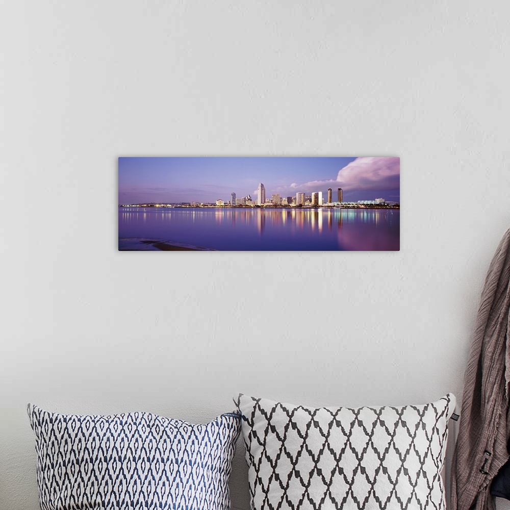 A bohemian room featuring Giant photograph on a landscape wall hanging of the San Diego skyline, including the financial di...