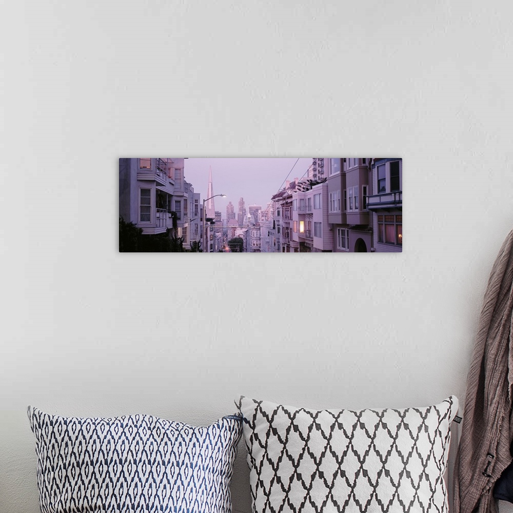 A bohemian room featuring Panoramic photo of apartment buildings in northern California looking down the street at the top ...