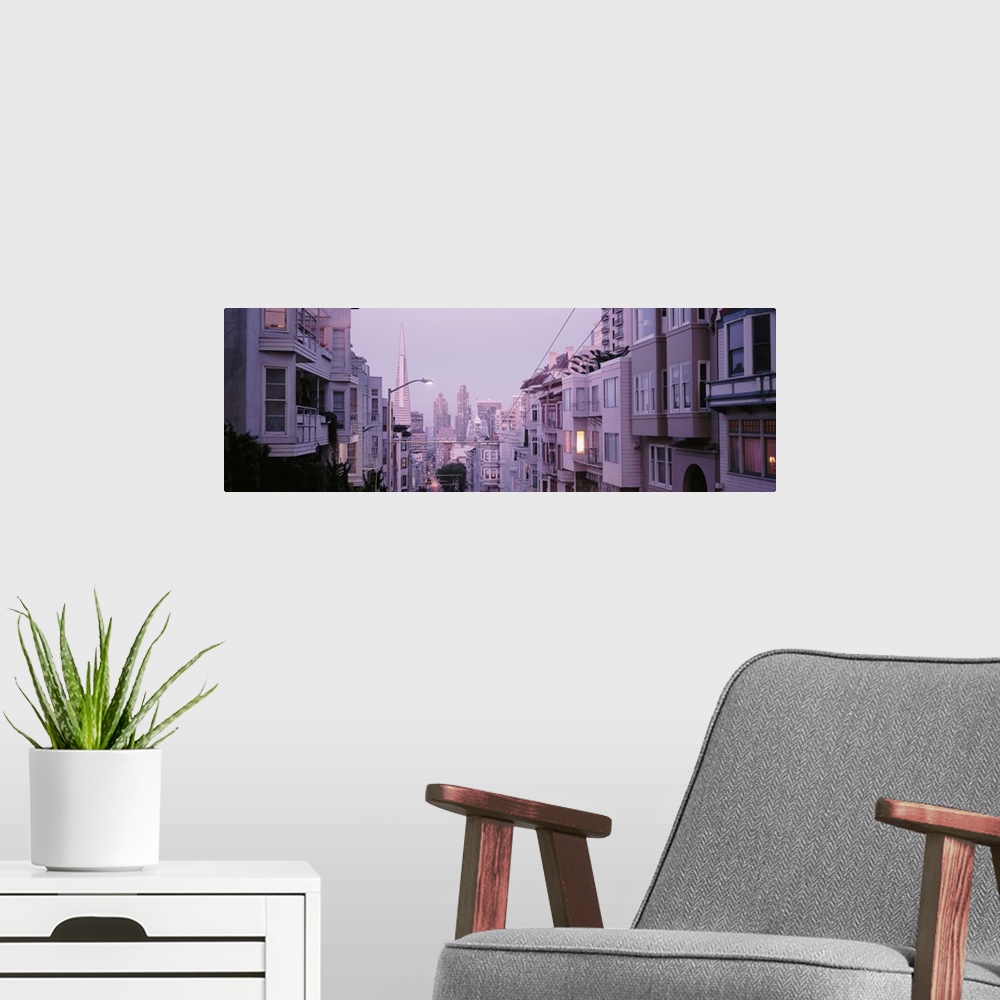 A modern room featuring Panoramic photo of apartment buildings in northern California looking down the street at the top ...