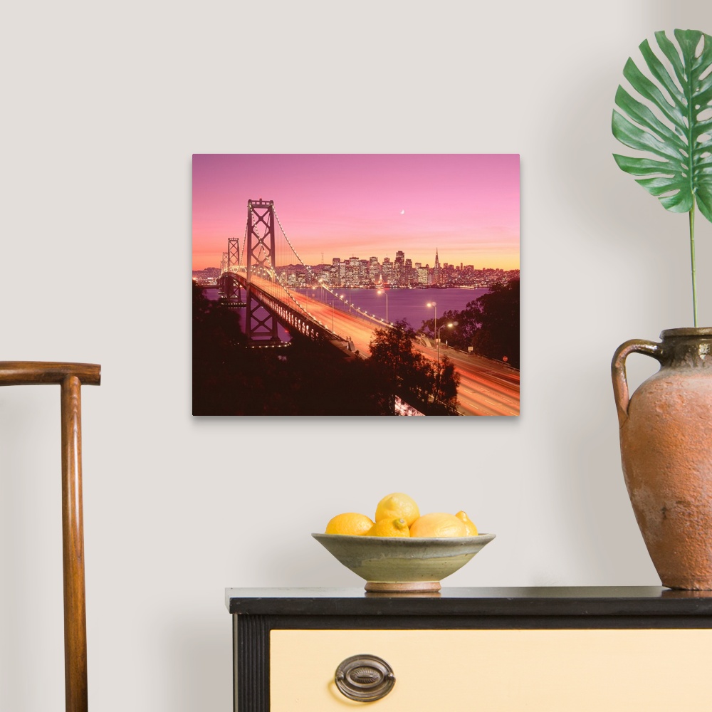 A traditional room featuring Big photograph displays a large overpass near the coast of the Western United States brightly shi...