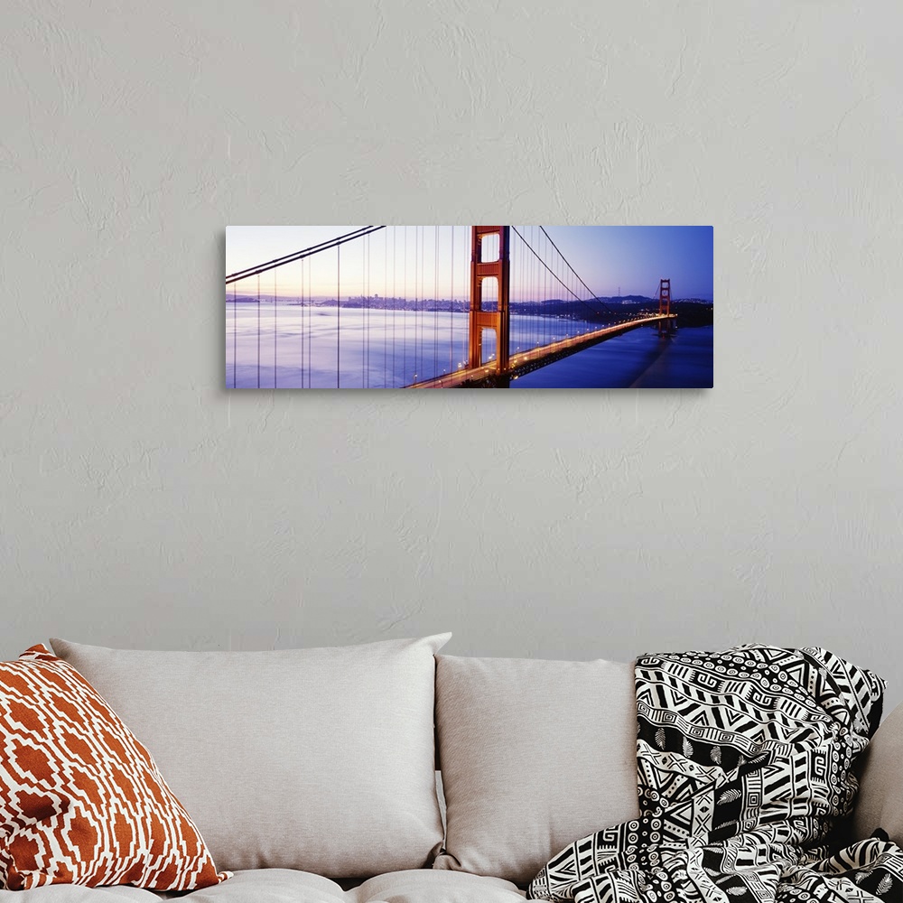A bohemian room featuring Panoramic photo of an iconic landmark in Northern California at sunrise.