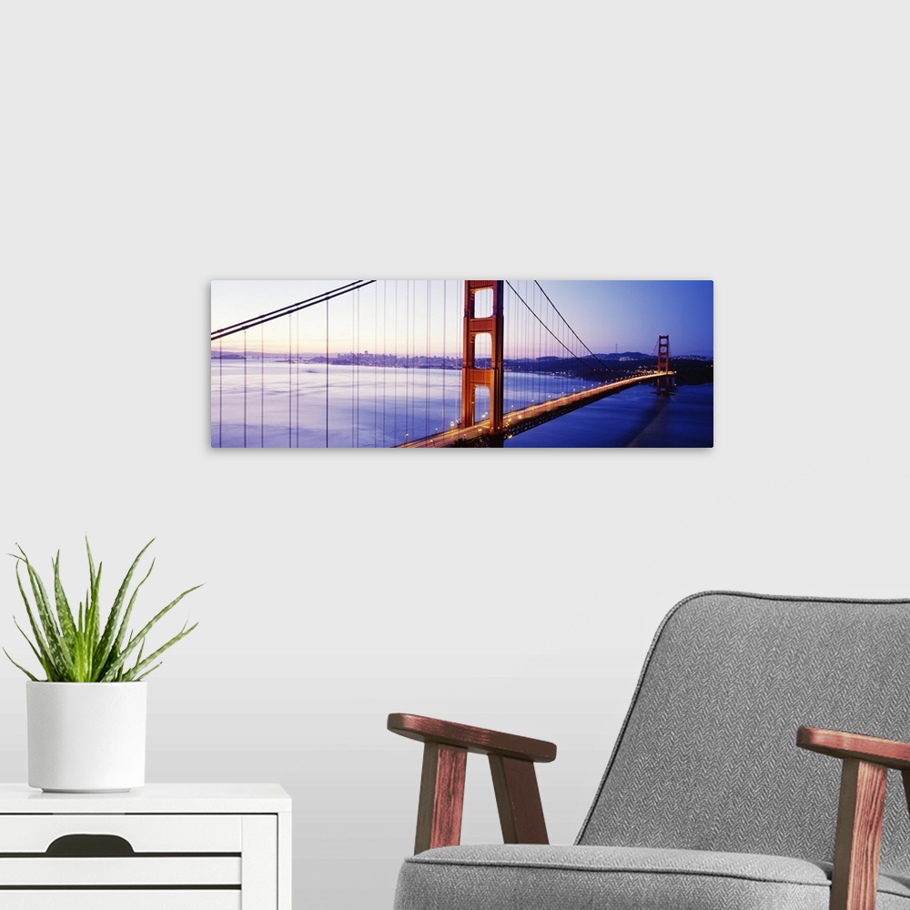 A modern room featuring Panoramic photo of an iconic landmark in Northern California at sunrise.
