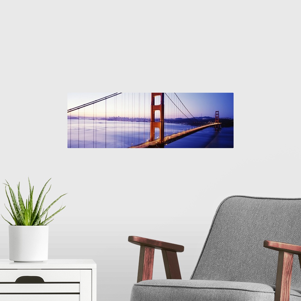 A modern room featuring Panoramic photo of an iconic landmark in Northern California at sunrise.