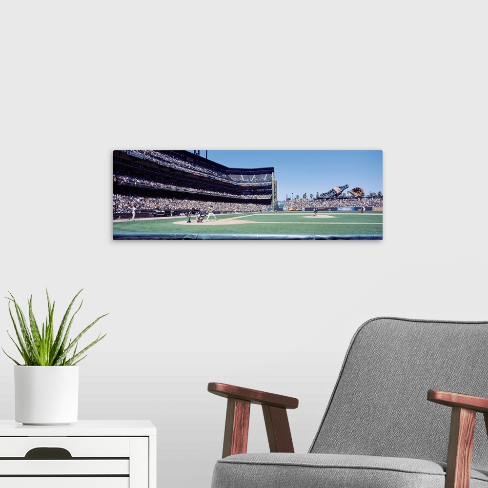 A modern room featuring California, San Francisco, SBC Ballpark, Spectator watching the baseball game in the stadium