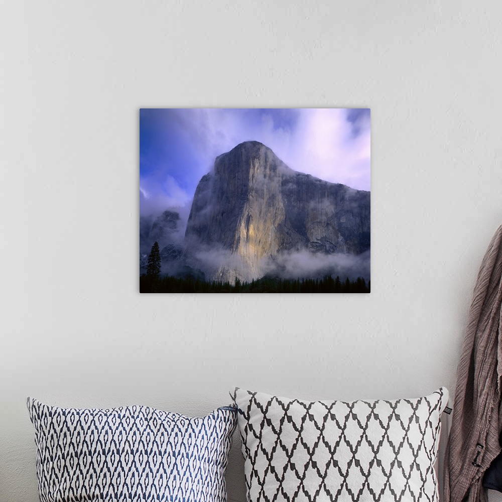 A bohemian room featuring Large photo on canvas of a mountain in Yosemite bathed in fog with a dense forest below it.