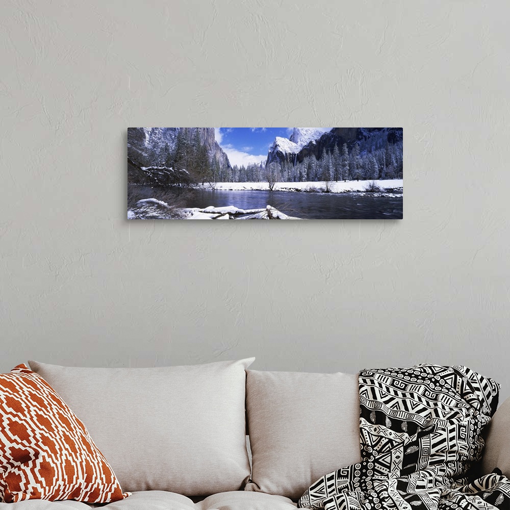 A bohemian room featuring California, Yosemite National Park, Flowing river in the winter