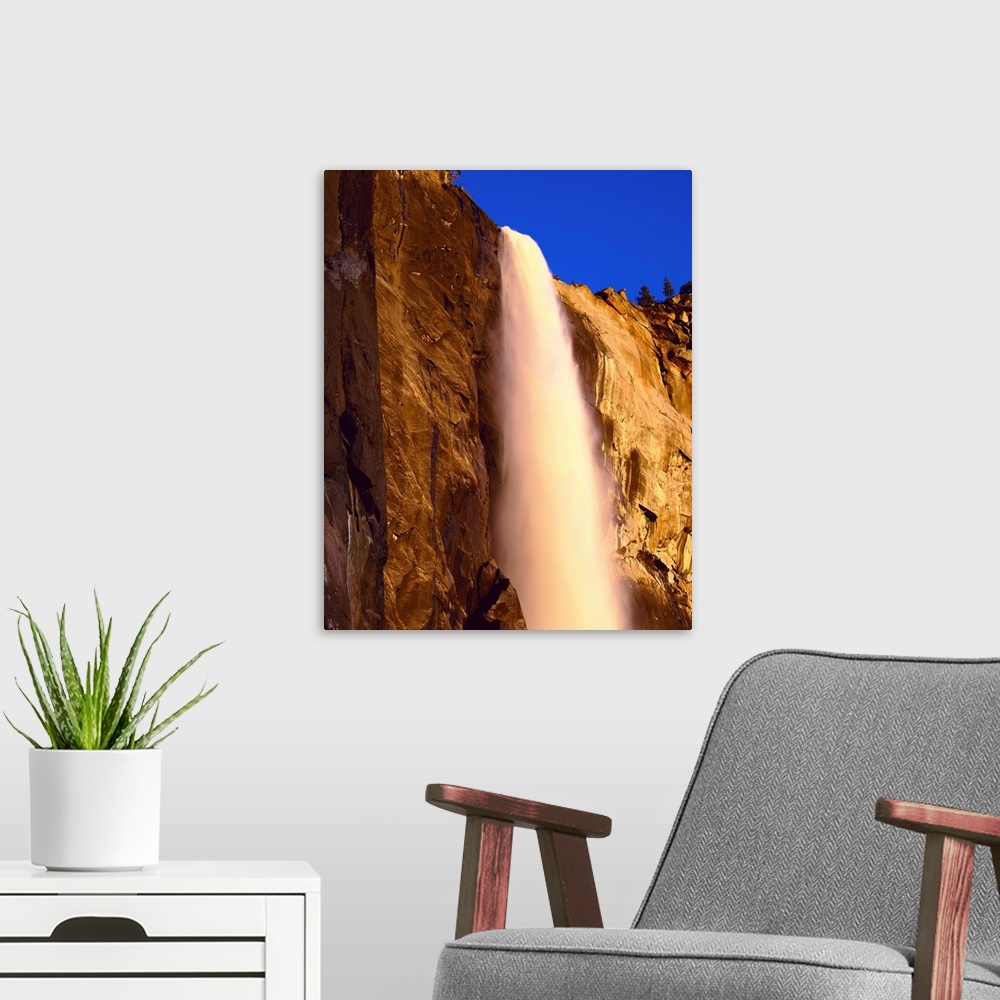A modern room featuring California, Yosemite National Park, Low angle view of the waterfall falling from the mountain