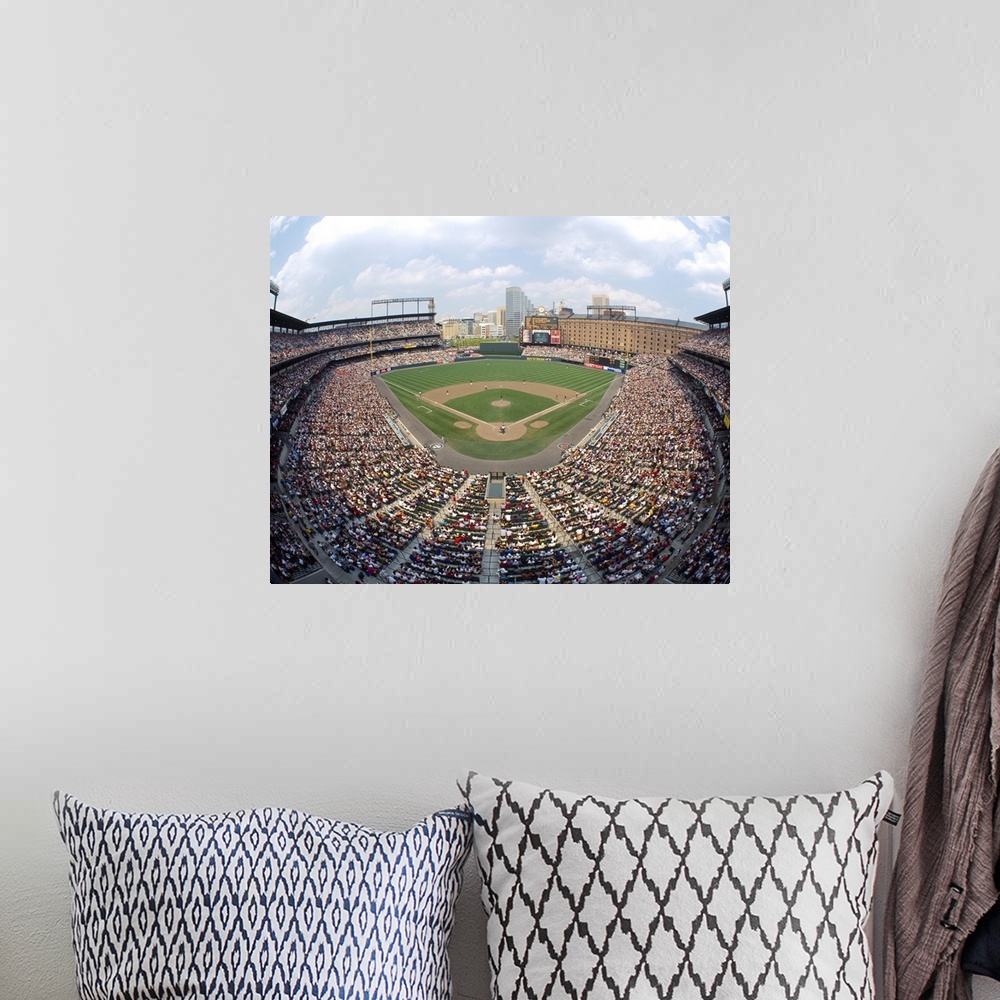 A bohemian room featuring Big canvas print of a packed baseball stadium with a game going on in Maryland.
