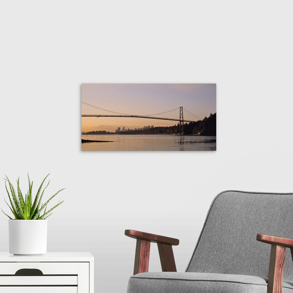 A modern room featuring Canada, British Columbia, Vancouver, Lions Gate Bridge, View of a bridge at dawn
