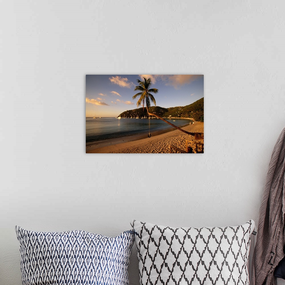 A bohemian room featuring Photograph of beach front with palm tree that has a tire swing.  There are sailboats in the water...