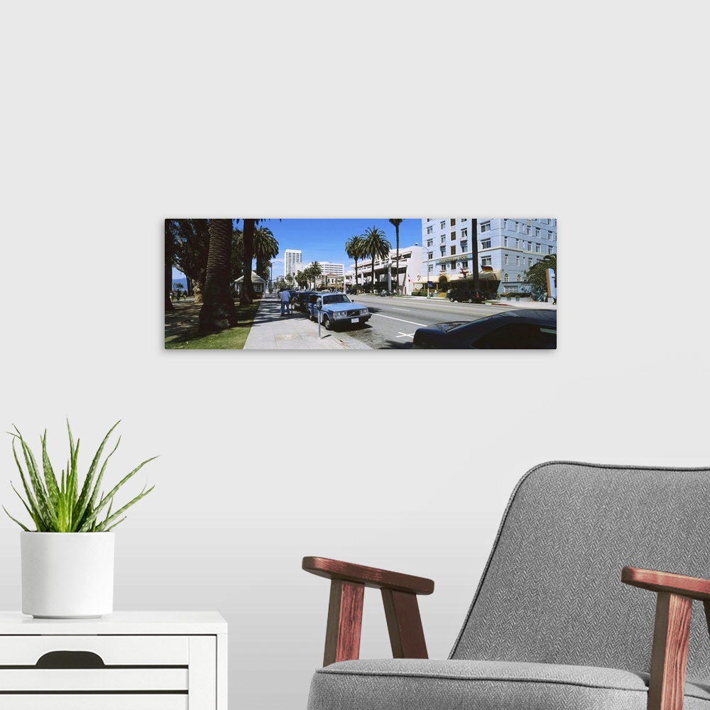 A modern room featuring Cars parked on the roadside, Santa Monica, California