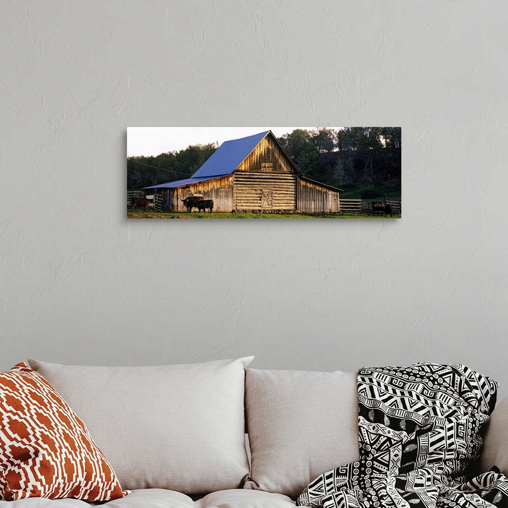 A bohemian room featuring Large, horizontal photograph of several cattle grazing in front of an old barn, a dense tree line...
