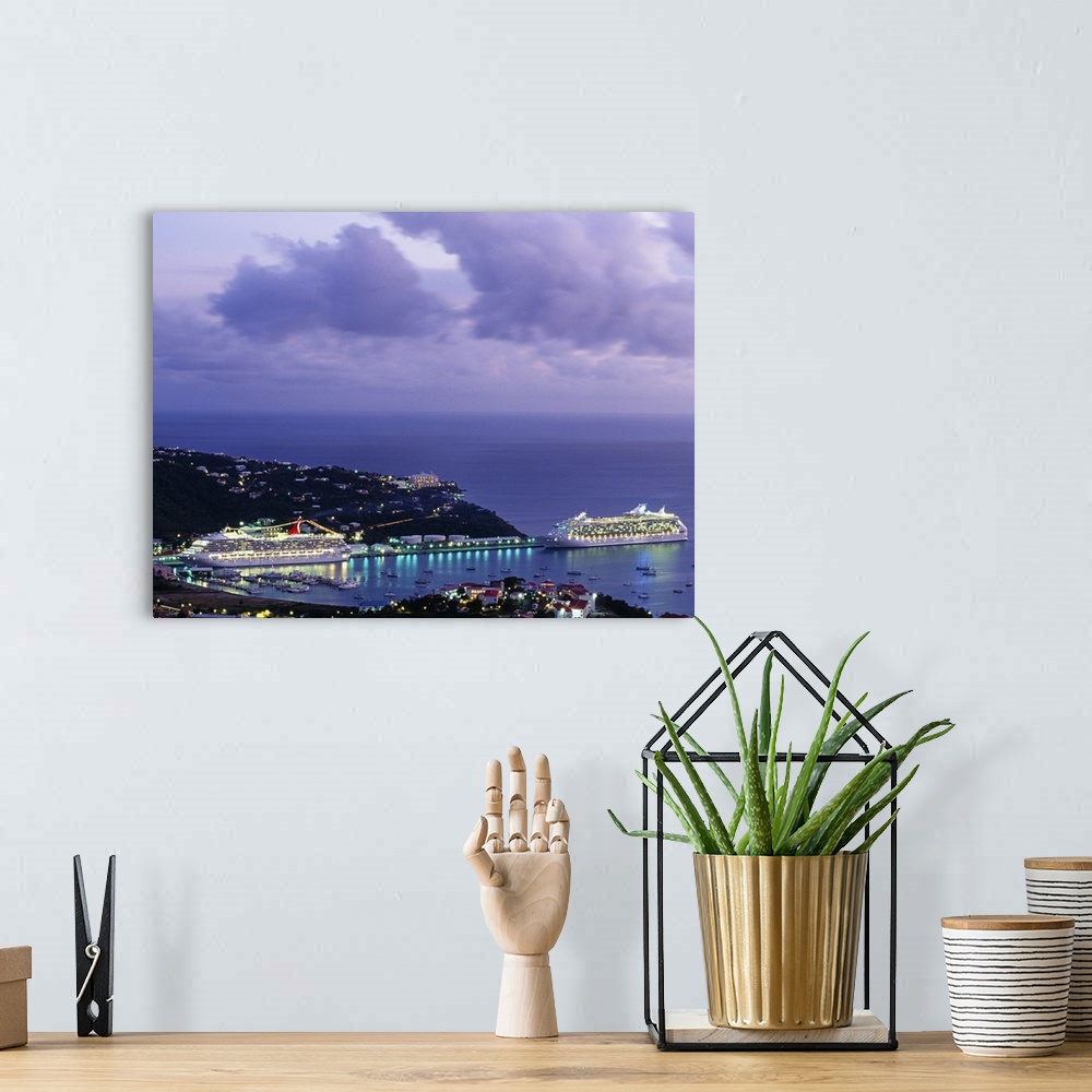 A bohemian room featuring This decorative wall art is a landscape photograph of tourist cruise ships docking in a Caribbean...