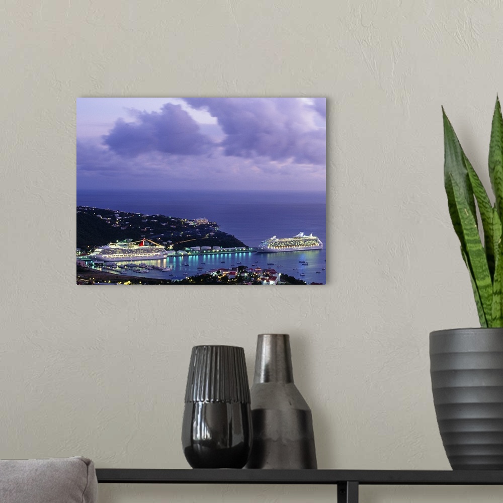 A modern room featuring This decorative wall art is a landscape photograph of tourist cruise ships docking in a Caribbean...