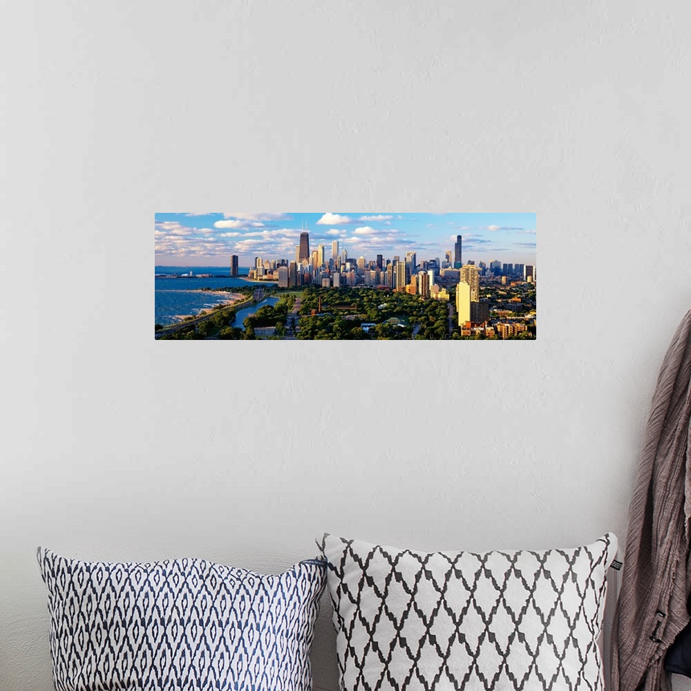 A bohemian room featuring Panoramic photograph taken of the busy skyline of Chicago, Illinois on a sunny day.  The skyscrap...