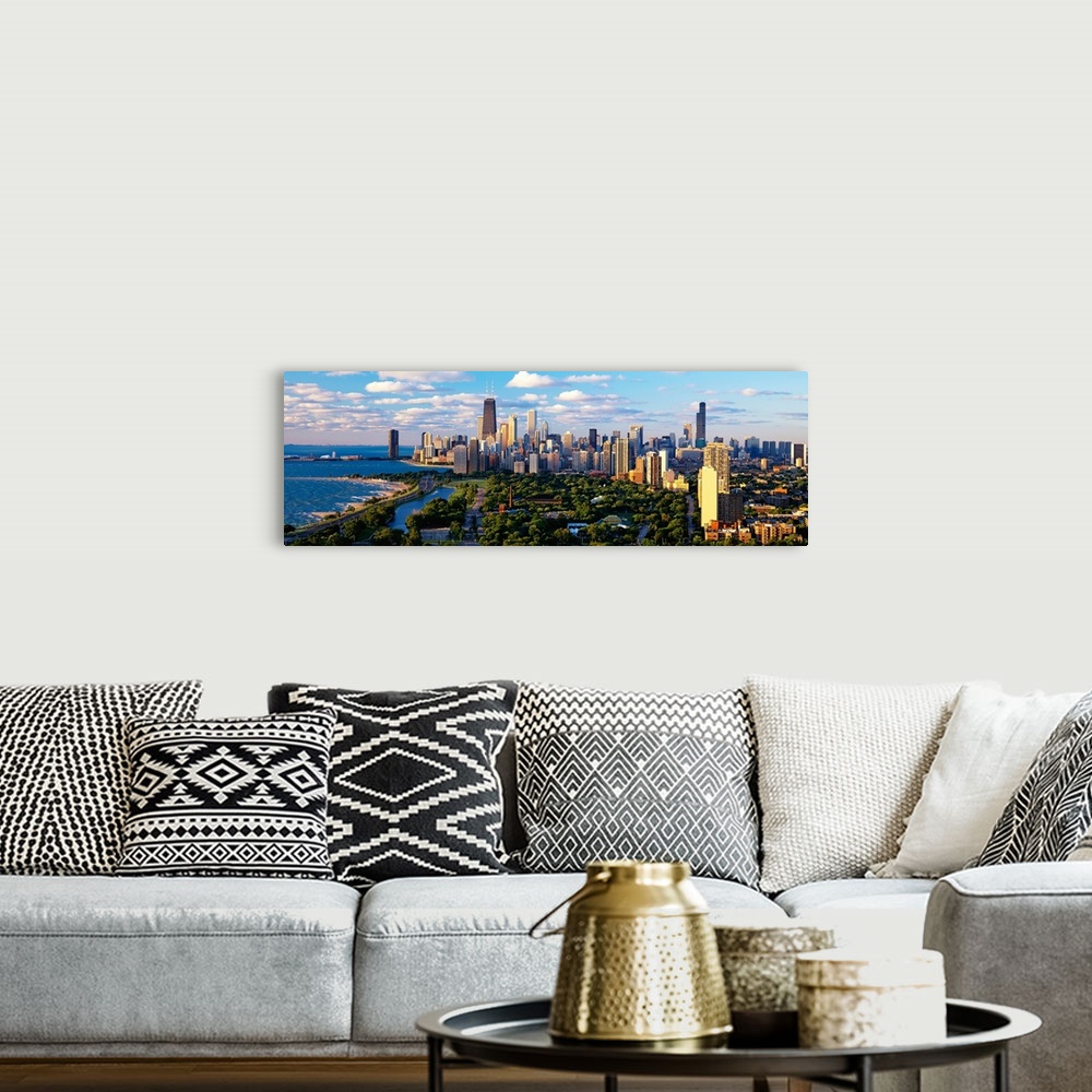 A bohemian room featuring Panoramic photograph taken of the busy skyline of Chicago, Illinois on a sunny day.  The skyscrap...